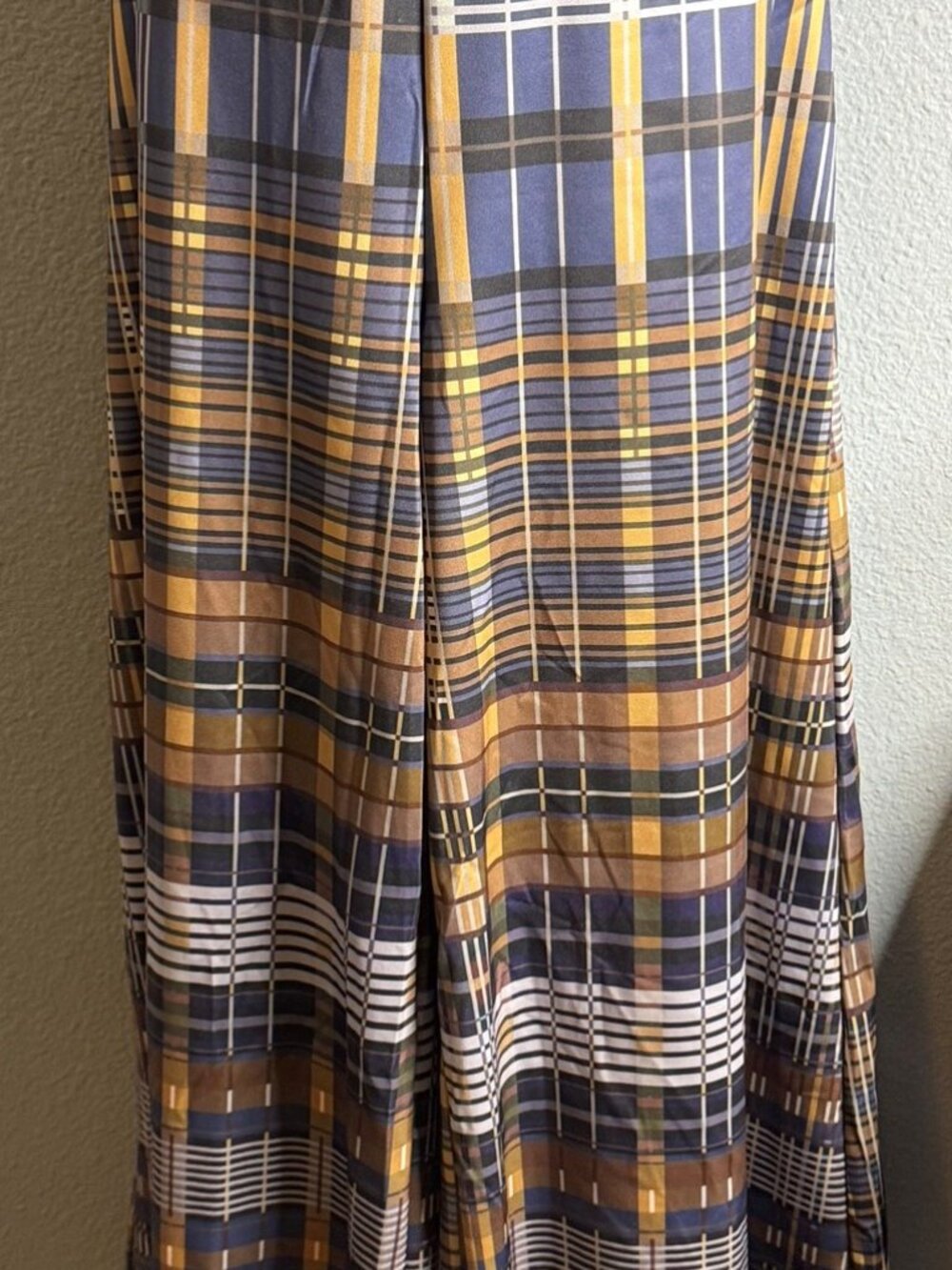 Plaid Wide Leg Palazzo Pants Navy Mustard Elastic Waist L